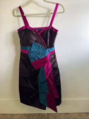 Marc by Marc Jacobs Black Satin Mini Dress with Fuchsia and Teal Accents